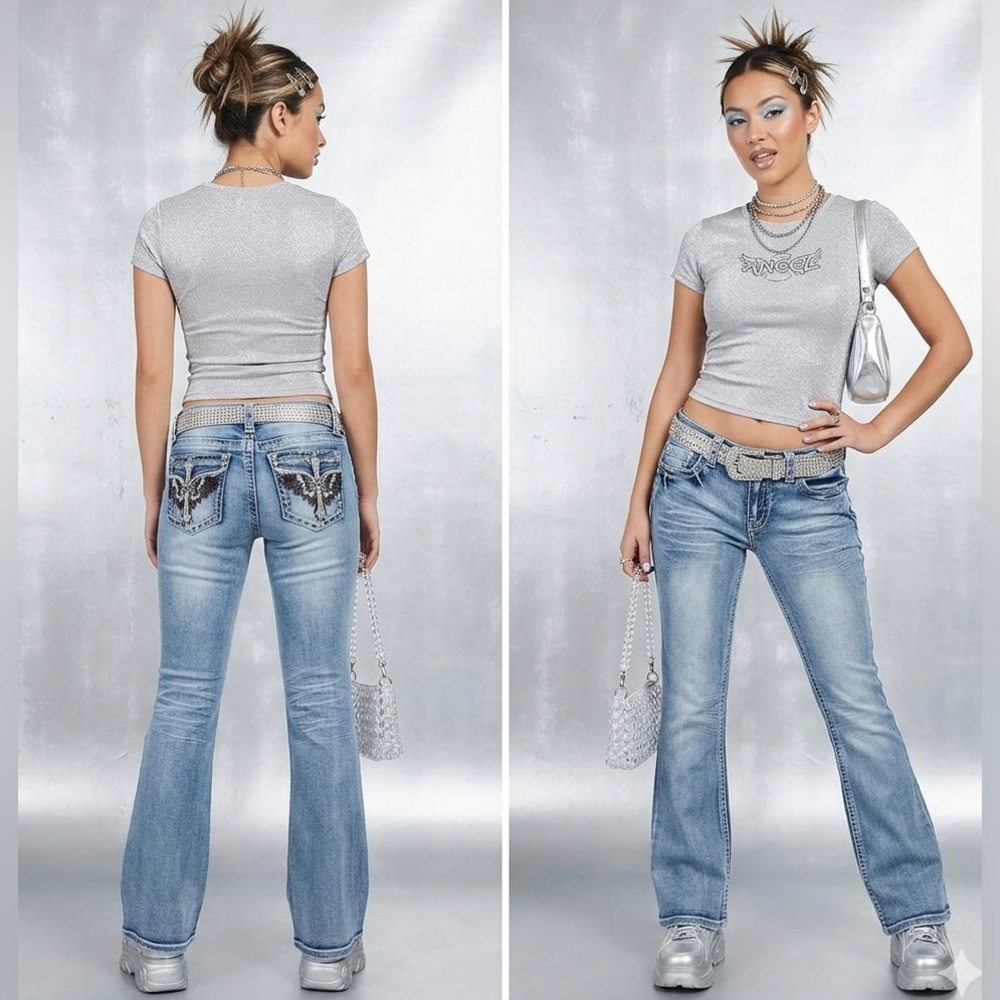 Fire & Rain Bootcut Bling Denim Jeans Mid-Rise Sparkle Embroidered Y2K Retro